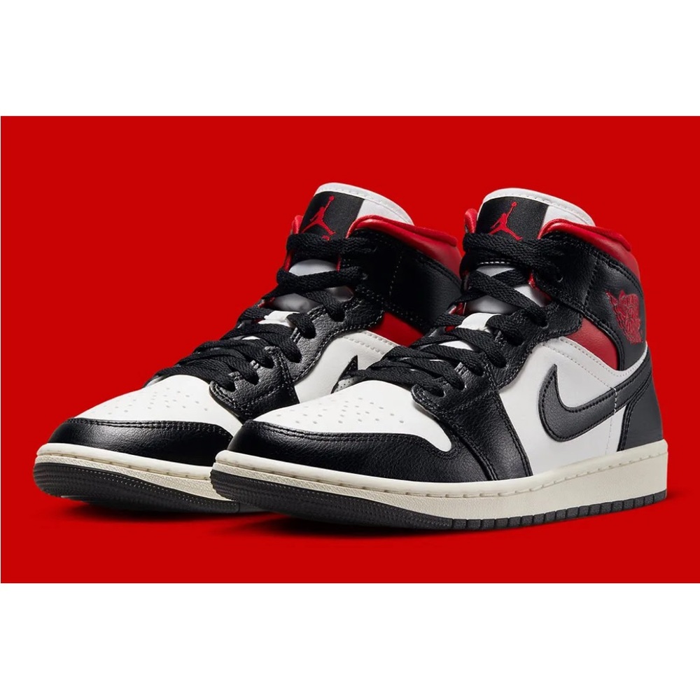 Nike Air Jordan 1 Mid White Black Red Panda Shoes-Women's